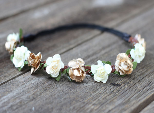Gold and Ivory Rustic Flower Crown Headband with elastic back 